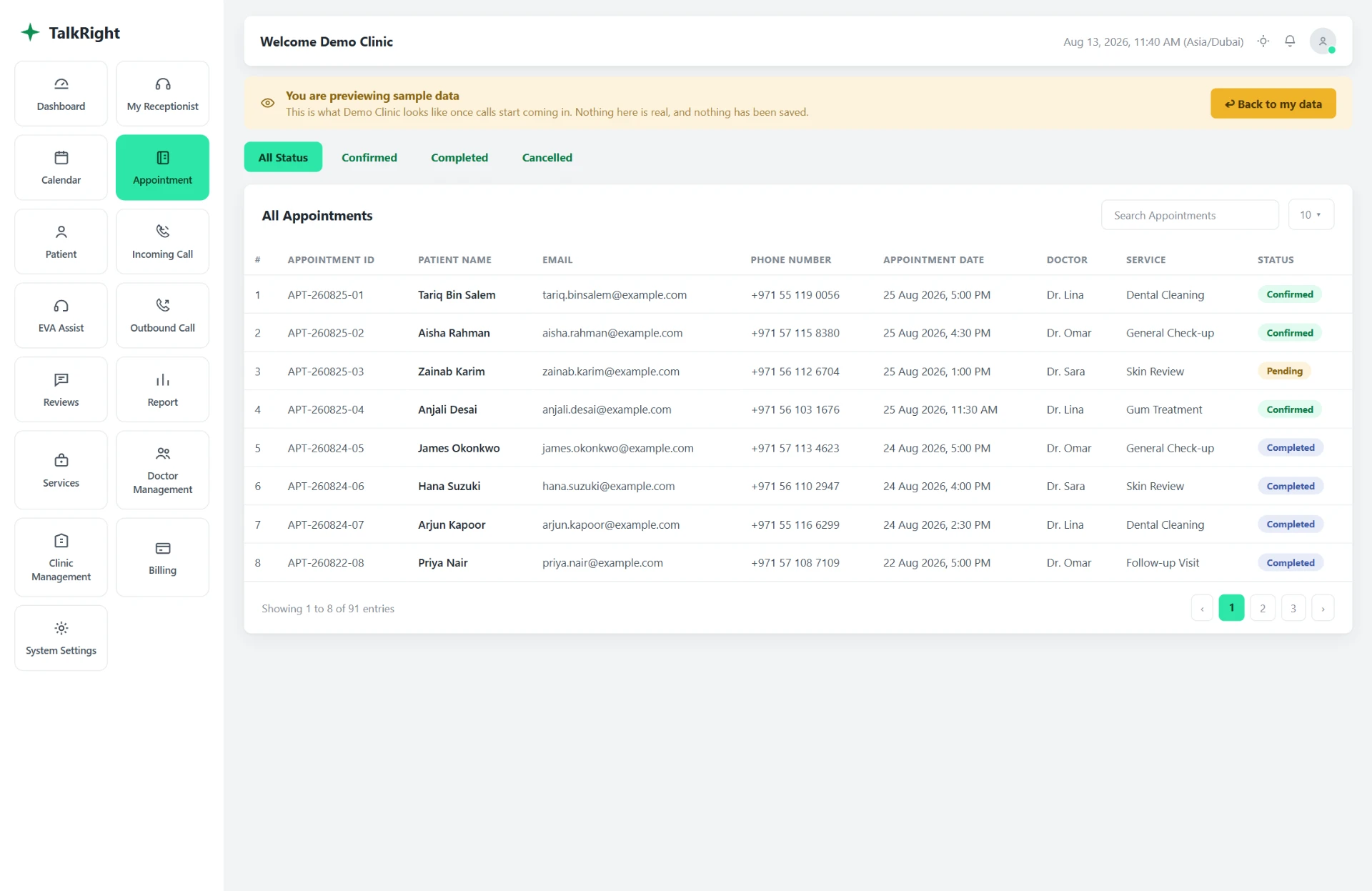 The TalkRight appointments screen with sample bookings, statuses and patient details